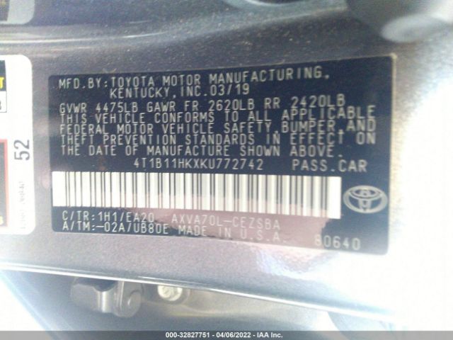 Photo 8 VIN: 4T1B11HKXKU772742 - TOYOTA CAMRY 