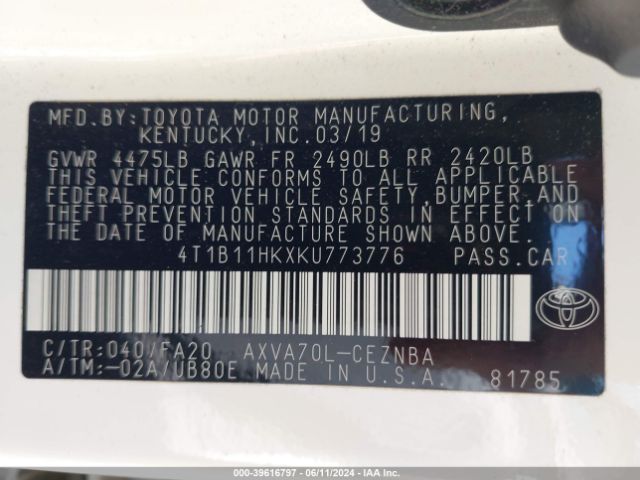 Photo 8 VIN: 4T1B11HKXKU773776 - TOYOTA CAMRY 