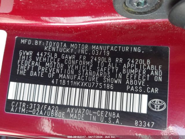 Photo 8 VIN: 4T1B11HKXKU775186 - TOYOTA CAMRY 