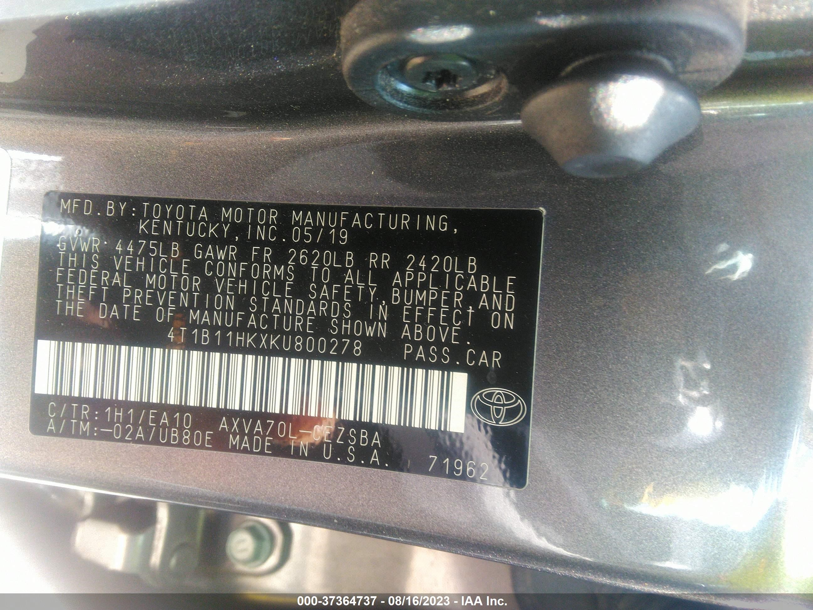 Photo 8 VIN: 4T1B11HKXKU800278 - TOYOTA CAMRY 