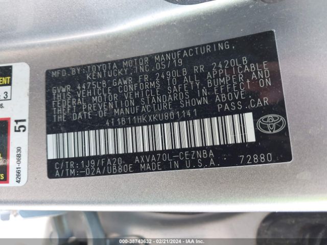 Photo 8 VIN: 4T1B11HKXKU801141 - TOYOTA CAMRY 