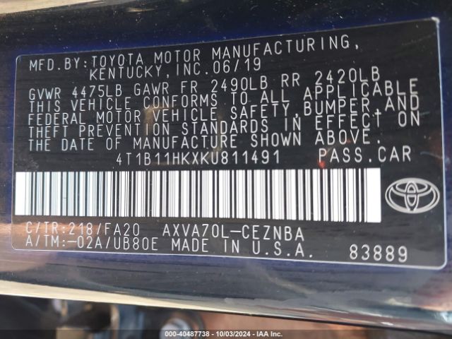 Photo 8 VIN: 4T1B11HKXKU811491 - TOYOTA CAMRY 