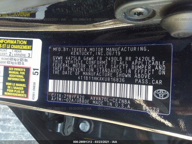 Photo 8 VIN: 4T1B11HKXKU816836 - TOYOTA CAMRY 