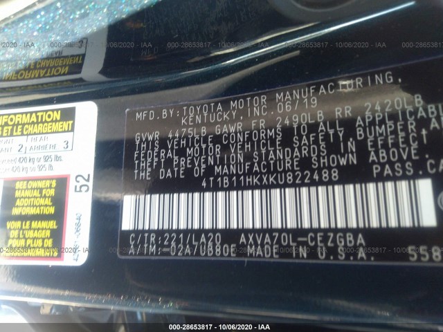 Photo 8 VIN: 4T1B11HKXKU822488 - TOYOTA CAMRY 