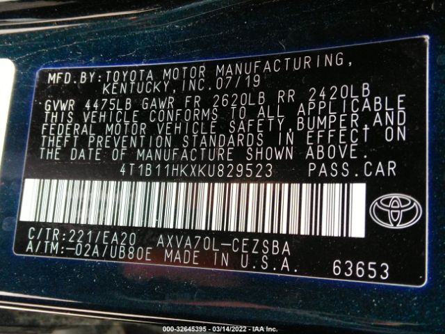 Photo 8 VIN: 4T1B11HKXKU829523 - TOYOTA CAMRY 