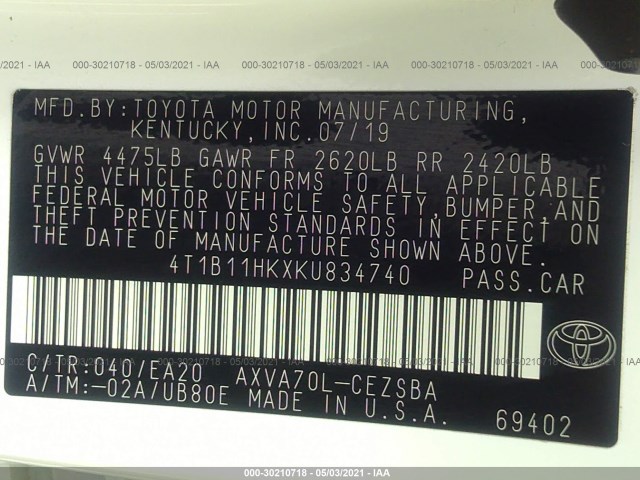 Photo 8 VIN: 4T1B11HKXKU834740 - TOYOTA CAMRY 