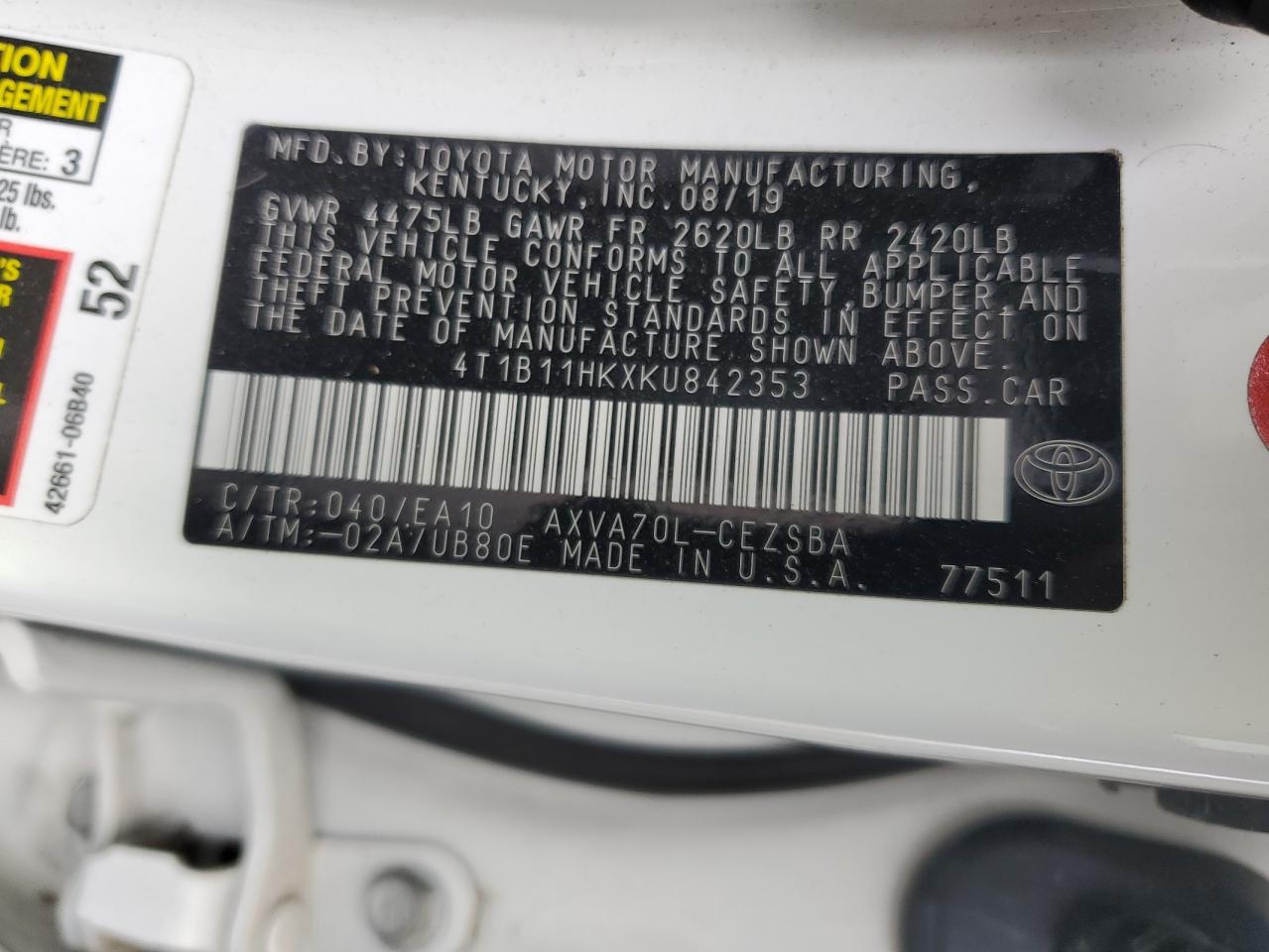 Photo 11 VIN: 4T1B11HKXKU842353 - TOYOTA CAMRY 