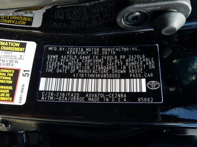 Photo 9 VIN: 4T1B11HKXKU850002 - TOYOTA CAMRY L 