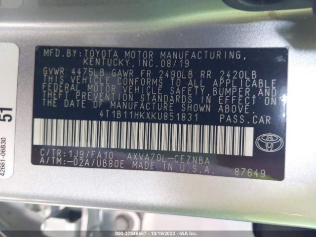 Photo 8 VIN: 4T1B11HKXKU851831 - TOYOTA CAMRY 