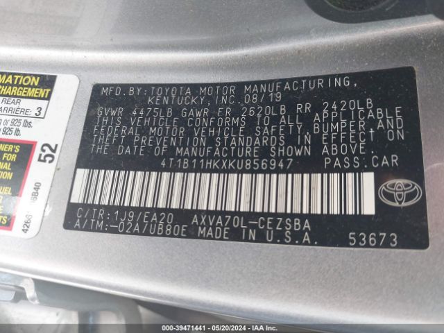 Photo 8 VIN: 4T1B11HKXKU856947 - TOYOTA CAMRY 