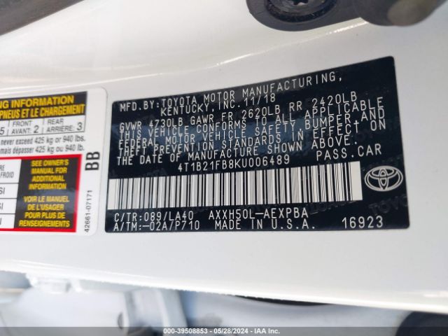 Photo 8 VIN: 4T1B21FB8KU006489 - TOYOTA AVALON HYBRID 