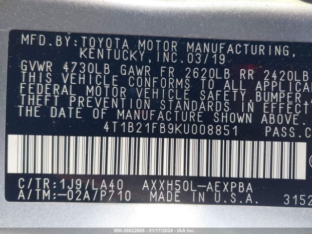 Photo 8 VIN: 4T1B21FB9KU008851 - TOYOTA AVALON HYBRID 