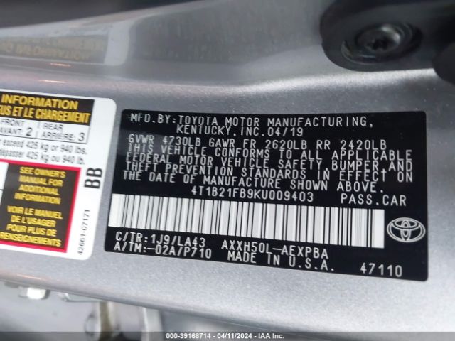 Photo 8 VIN: 4T1B21FB9KU009403 - TOYOTA AVALON HYBRID 