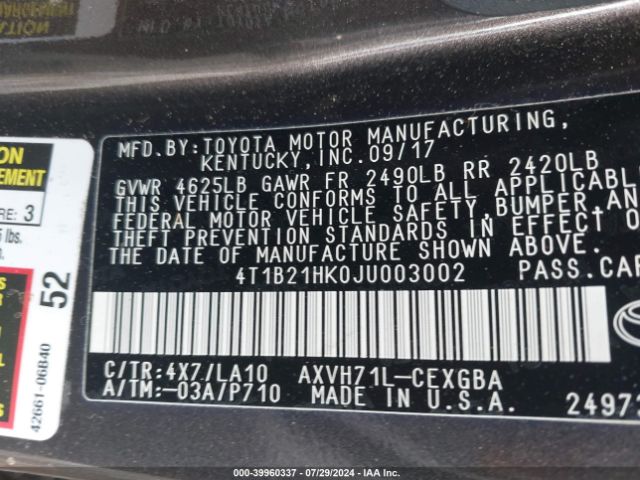 Photo 8 VIN: 4T1B21HK0JU003002 - TOYOTA CAMRY 