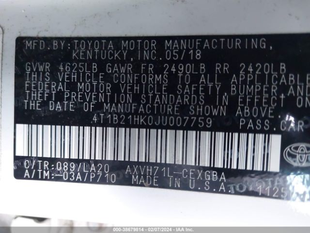 Photo 8 VIN: 4T1B21HK0JU007759 - TOYOTA CAMRY HYBRID 