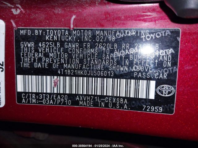 Photo 8 VIN: 4T1B21HK0JU506013 - TOYOTA CAMRY HYBRID 