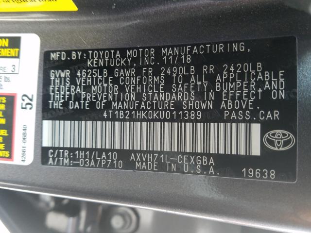 Photo 9 VIN: 4T1B21HK0KU011389 - TOYOTA CAMRY HYBR 