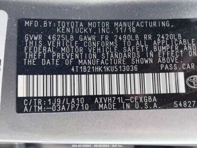 Photo 8 VIN: 4T1B21HK1KU513036 - TOYOTA CAMRY 