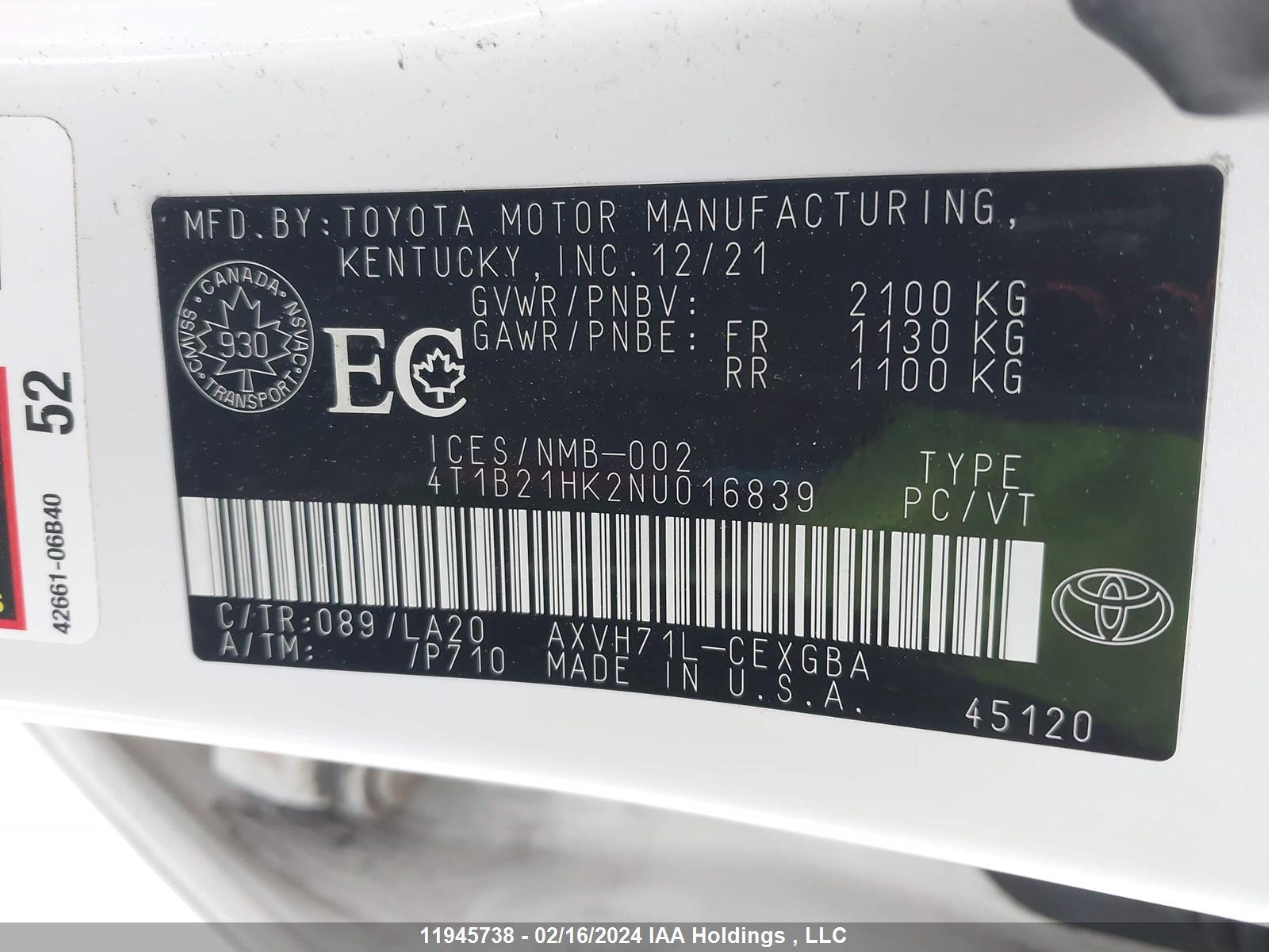 Photo 8 VIN: 4T1B21HK2NU016839 - TOYOTA CAMRY 