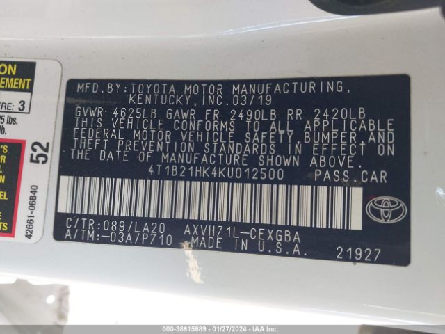 Photo 8 VIN: 4T1B21HK4KU012500 - TOYOTA CAMRY HYBRID 