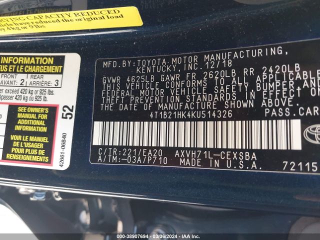 Photo 8 VIN: 4T1B21HK4KU514326 - TOYOTA CAMRY HYBRID 