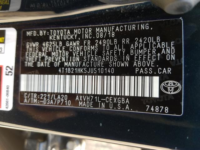 Photo 9 VIN: 4T1B21HK5JU510140 - TOYOTA CAMRY HYBR 