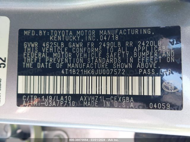 Photo 8 VIN: 4T1B21HK6JU007572 - TOYOTA CAMRY HYBRID 