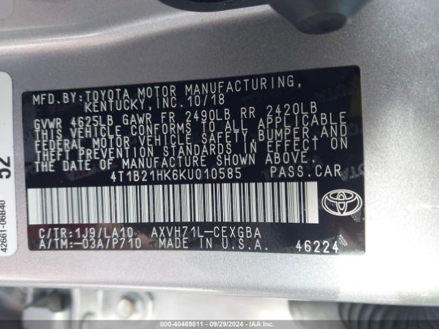 Photo 8 VIN: 4T1B21HK6KU010585 - TOYOTA CAMRY 