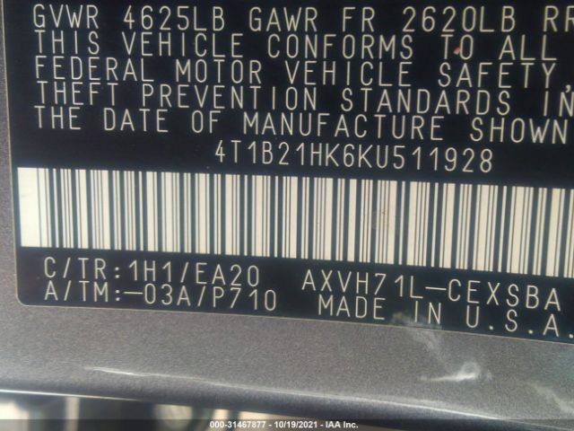 Photo 8 VIN: 4T1B21HK6KU511928 - TOYOTA CAMRY 