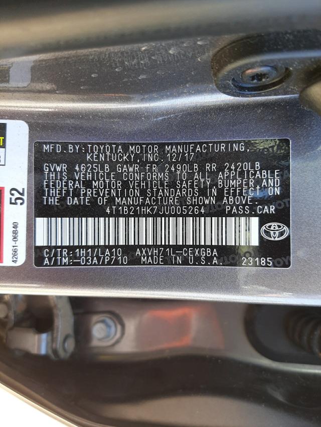 Photo 9 VIN: 4T1B21HK7JU005264 - TOYOTA CAMRY HYBR 