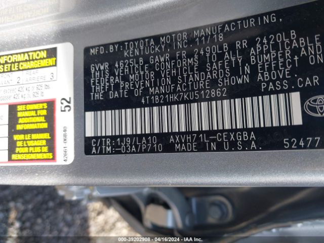 Photo 8 VIN: 4T1B21HK7KU512862 - TOYOTA CAMRY HYBRID 