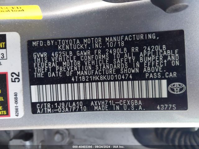 Photo 8 VIN: 4T1B21HK8KU010474 - TOYOTA CAMRY 