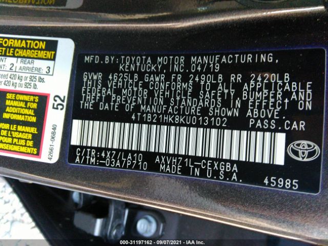 Photo 8 VIN: 4T1B21HK8KU013102 - TOYOTA CAMRY 