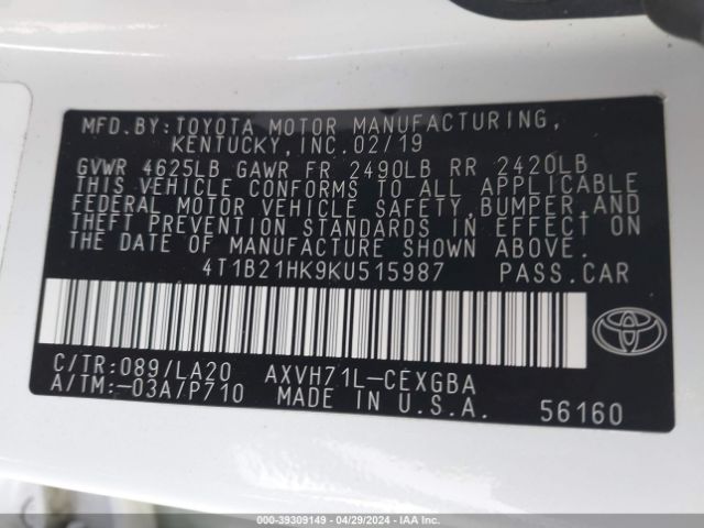 Photo 8 VIN: 4T1B21HK9KU515987 - TOYOTA CAMRY HYBRID 