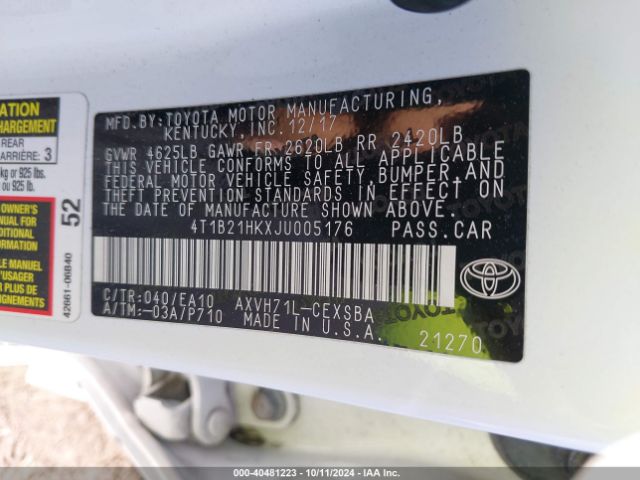 Photo 8 VIN: 4T1B21HKXJU005176 - TOYOTA CAMRY 