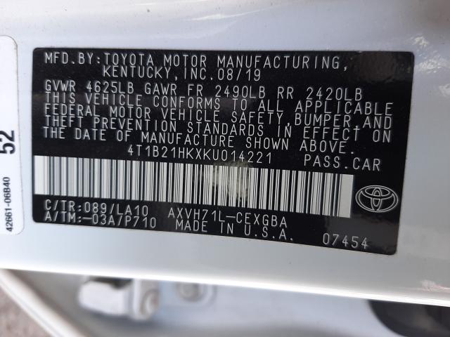 Photo 9 VIN: 4T1B21HKXKU014221 - TOYOTA CAMRY HYBR 