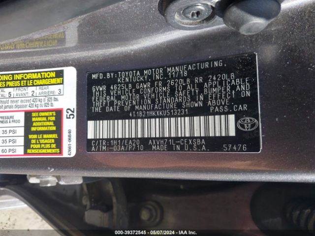 Photo 8 VIN: 4T1B21HKXKU513231 - TOYOTA CAMRY HYBRID 