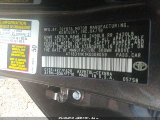 Photo 8 VIN: 4T1B31HK1KU008059 - TOYOTA CAMRY 