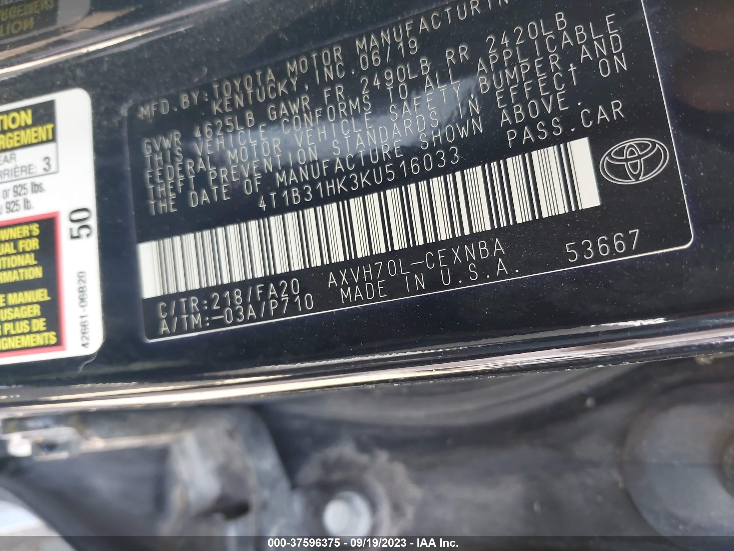 Photo 8 VIN: 4T1B31HK3KU516033 - TOYOTA CAMRY 