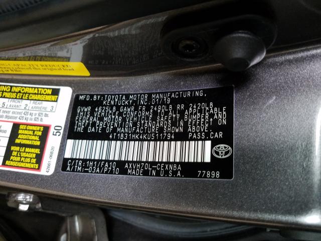 Photo 9 VIN: 4T1B31HK4KU511794 - TOYOTA CAMRY LE 