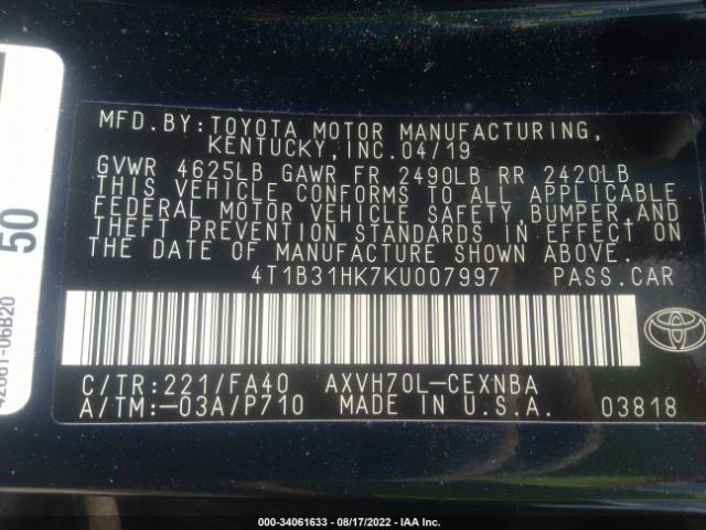 Photo 8 VIN: 4T1B31HK7KU007997 - TOYOTA CAMRY 