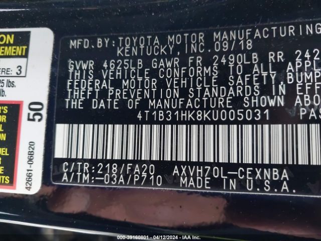 Photo 8 VIN: 4T1B31HK8KU005031 - TOYOTA CAMRY 