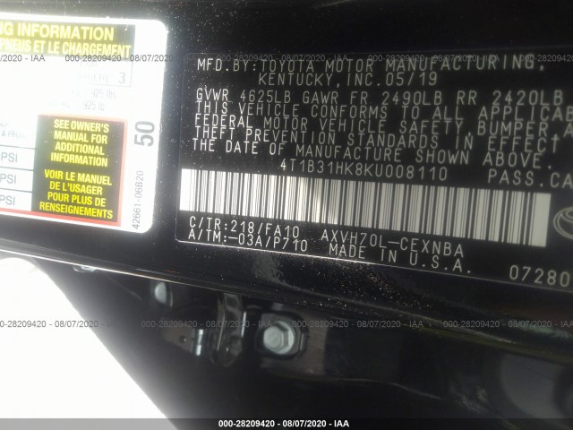 Photo 8 VIN: 4T1B31HK8KU008110 - TOYOTA CAMRY 