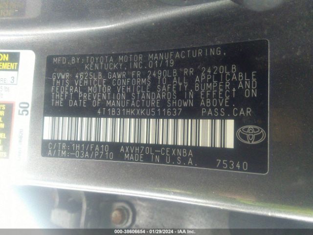 Photo 8 VIN: 4T1B31HKXKU511637 - TOYOTA CAMRY HYBRID 