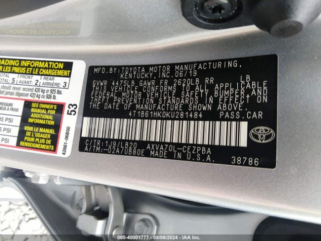 Photo 8 VIN: 4T1B61HK0KU281484 - TOYOTA CAMRY 