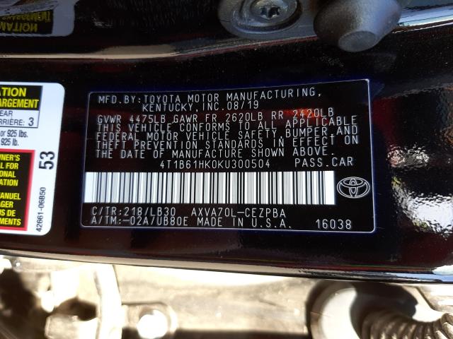 Photo 9 VIN: 4T1B61HK0KU300504 - TOYOTA CAMRY XSE 