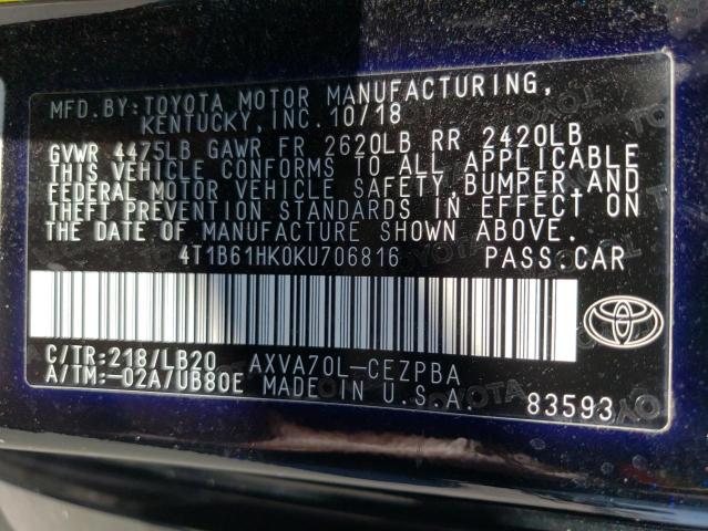 Photo 11 VIN: 4T1B61HK0KU706816 - TOYOTA CAMRY XSE 