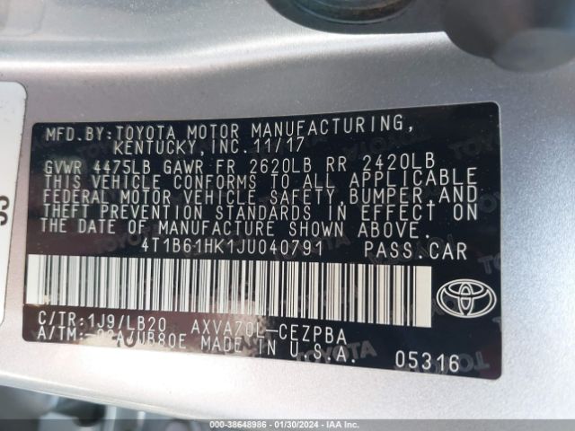 Photo 8 VIN: 4T1B61HK1JU040791 - TOYOTA CAMRY 