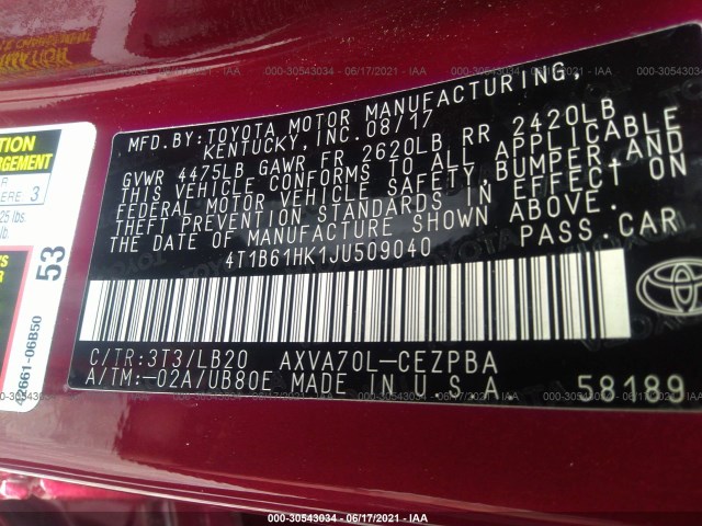 Photo 8 VIN: 4T1B61HK1JU509040 - TOYOTA CAMRY 