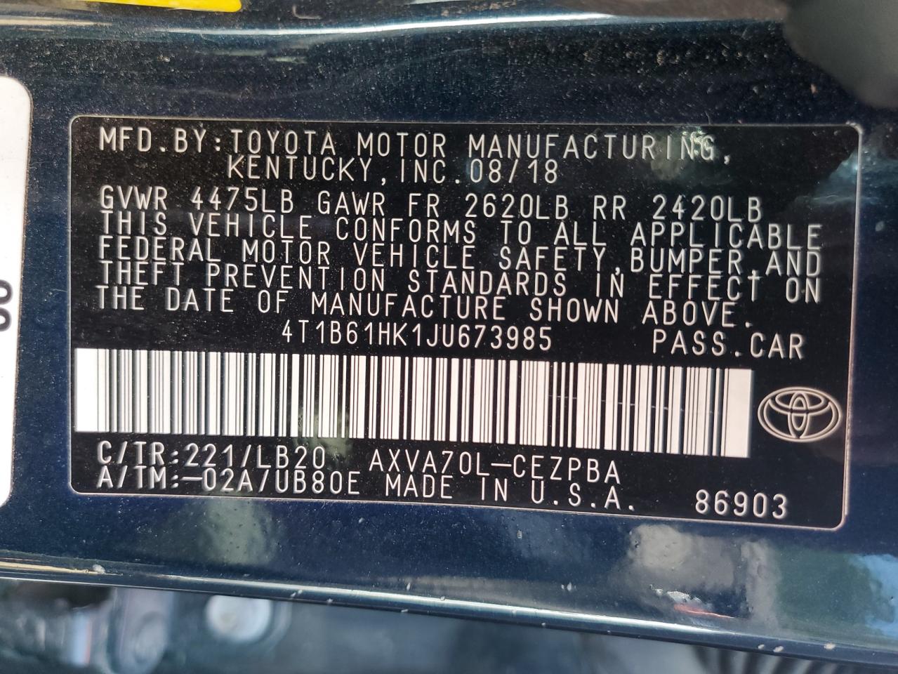 Photo 12 VIN: 4T1B61HK1JU673985 - TOYOTA CAMRY 